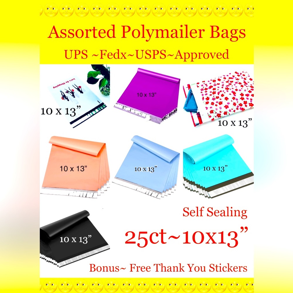 25ct ~10x13” Designer PolyMailers ⭐️🆕⭐️ 
7~Assorted Designs & 25ct Free Stickers